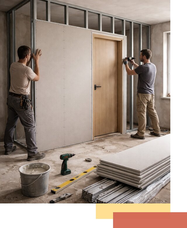 Перегородка из гипсокартона с дверью под ключ в белебее