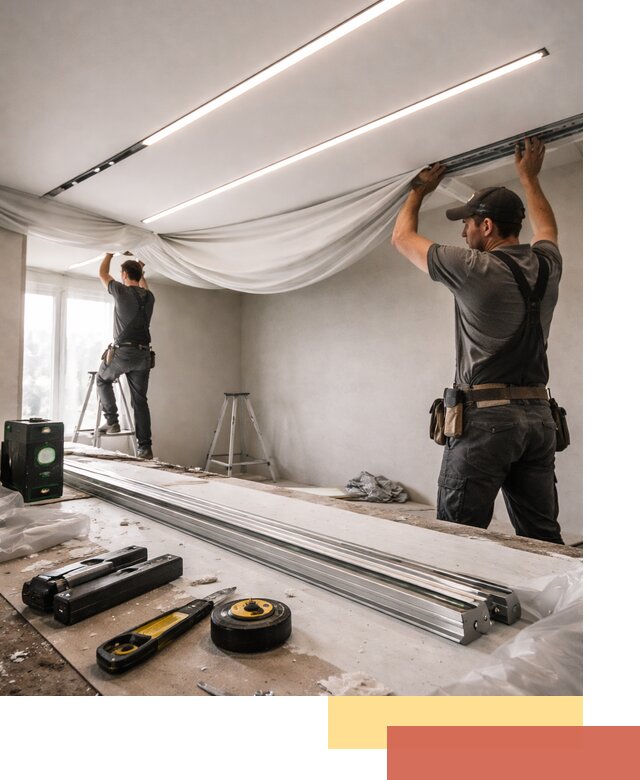 Монтаж натяжных потолков со световыми линиями в белебее