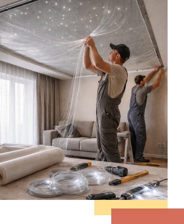 Монтаж натяжного потолка «Звездное небо» в белебее