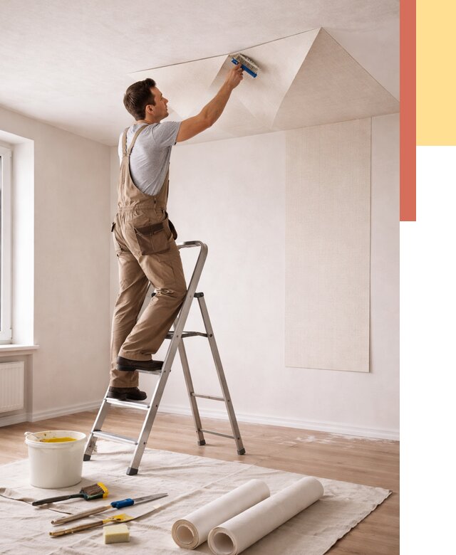 Поклейка обоев на потолок в белебее от 4590 руб. быстро и недорого | ОТДЕЛОЧНИК-Блб